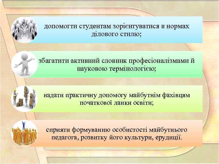допомогти студентам зорієнтуватися в нормах ділового стилю; збагатити активний словник професіоналізмами й науковою термінологією;
