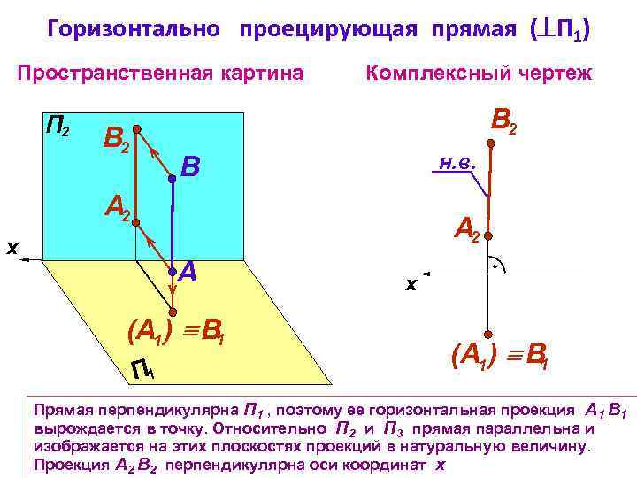 Горизонтально проецирующая прямая ( П 1) Пространственная картина П 2 Комплексный чертеж В 2