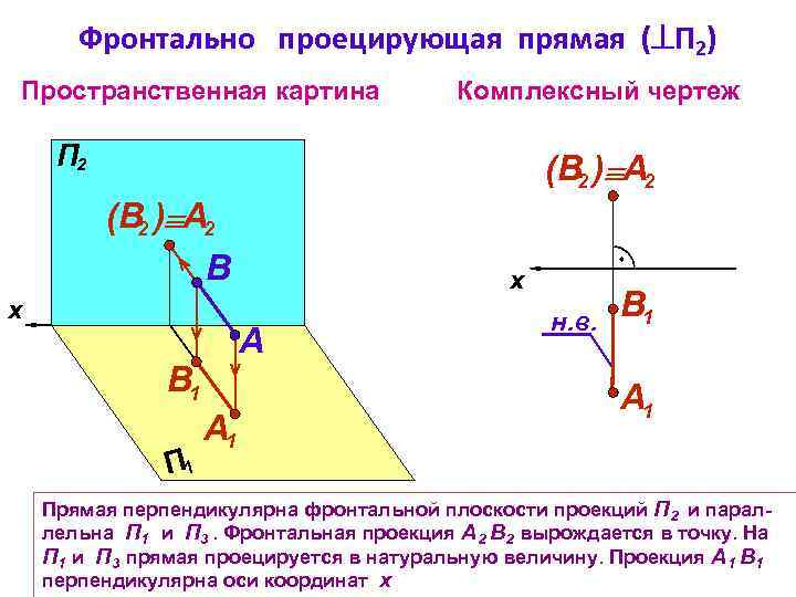 Фронтально проецирующая прямая ( П 2) Пространственная картина Комплексный чертеж П 2 (В 2
