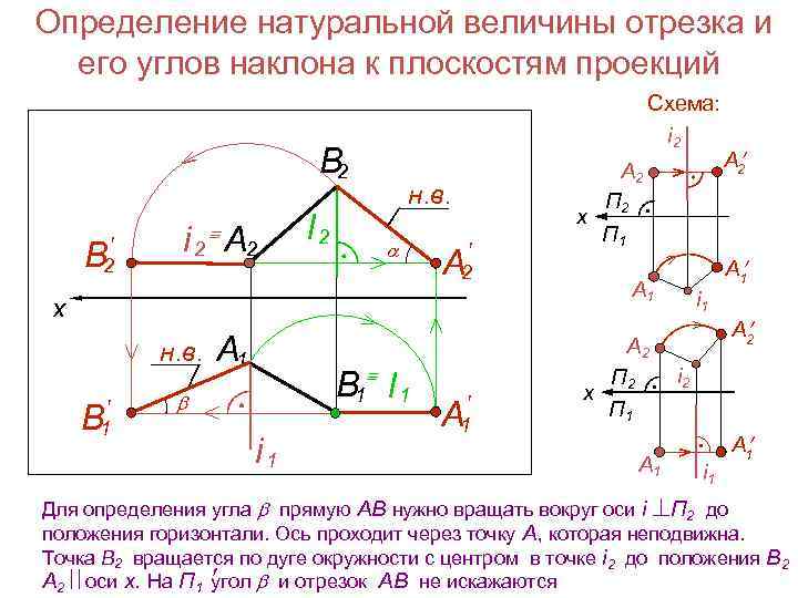 Определение натуральной величины отрезка и его углов наклона к плоскостям проекций Схема: i 2