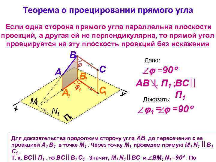 Теорема о проецировании прямого угла Если одна сторона прямого угла параллельна плоскости проекций, а