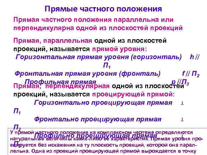 Прямые частного положения Прямая частного положения параллельна или перпендикулярна одной из плоскостей проекций Прямая,