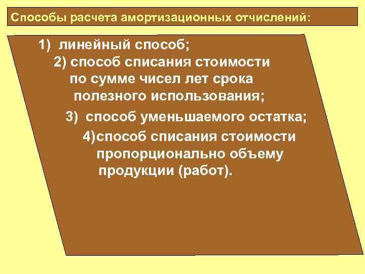 Способы расчета амортизационных отчислений: 1) линейный способ; 2) способ списания стоимости по сумме чисел