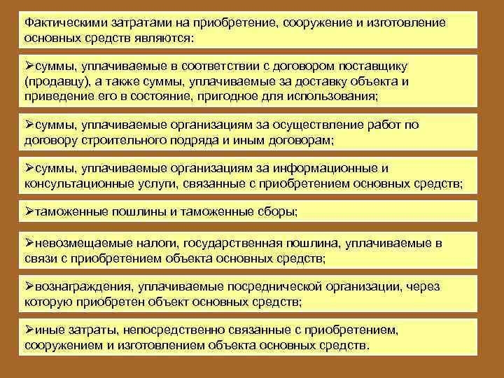 Состав фактических затрат. Фактическими затратами на приобретение основных средств признаются. Фактические затраты на приобретение.