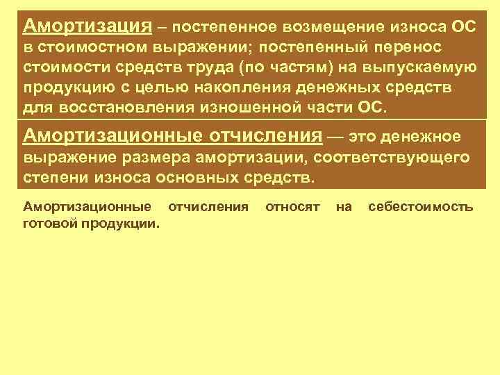 Амортизация – постепенное возмещение износа ОС в стоимостном выражении; постепенный перенос стоимости средств труда
