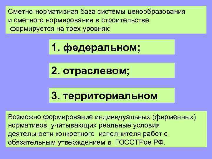 Сметно-нормативная база системы ценообразования и сметного нормирования в строительстве формируется на трех уровнях: 1.