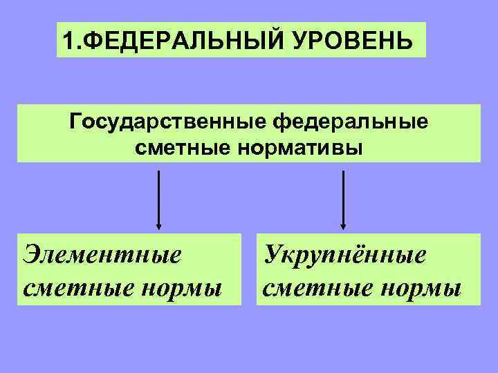 1. ФЕДЕРАЛЬНЫЙ УРОВЕНЬ Государственные федеральные сметные нормативы Элементные сметные нормы Укрупнённые сметные нормы 