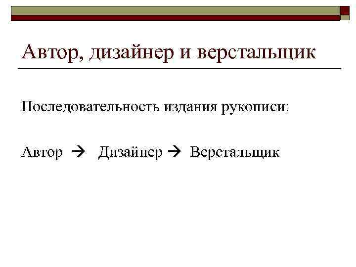 Автор, дизайнер и верстальщик Последовательность издания рукописи: Автор Дизайнер Верстальщик 