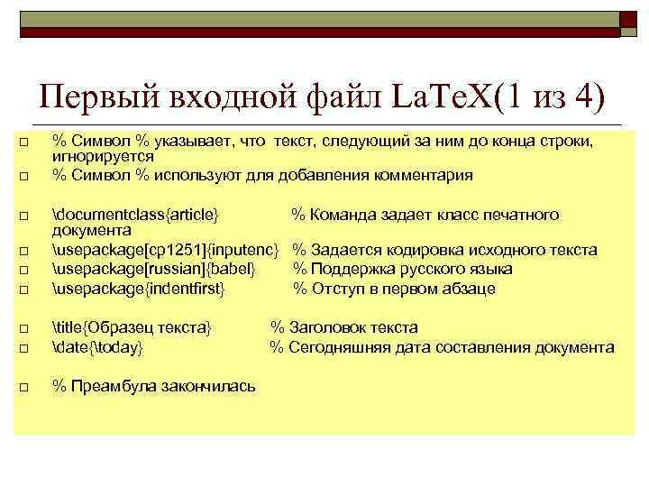 Первый входной файл La. Te. X(1 из 4) o o o % Символ %