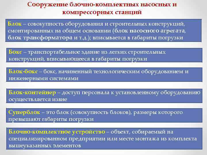 Сооружение блочно-комплектных насосных и компрессорных станций Блок – совокупность оборудования и строительных конструкций, смонтированных