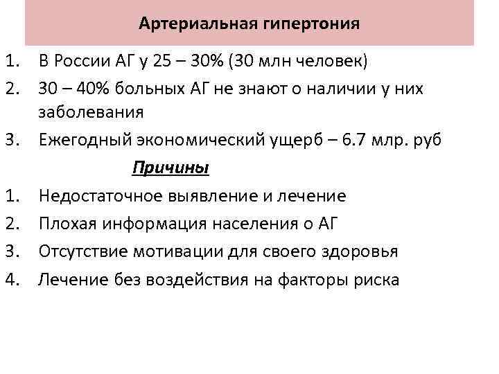 Артериальная гипертония 1. В России АГ у 25 – 30% (30 млн человек) 2.