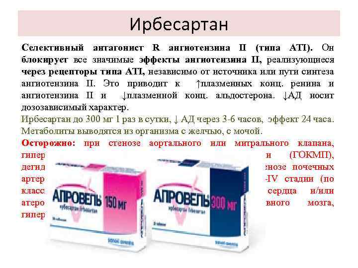 Ирбесартан Селективный антагонист R ангиотензина II (типа ATI). Он блокирует все значимые эффекты ангиотензина