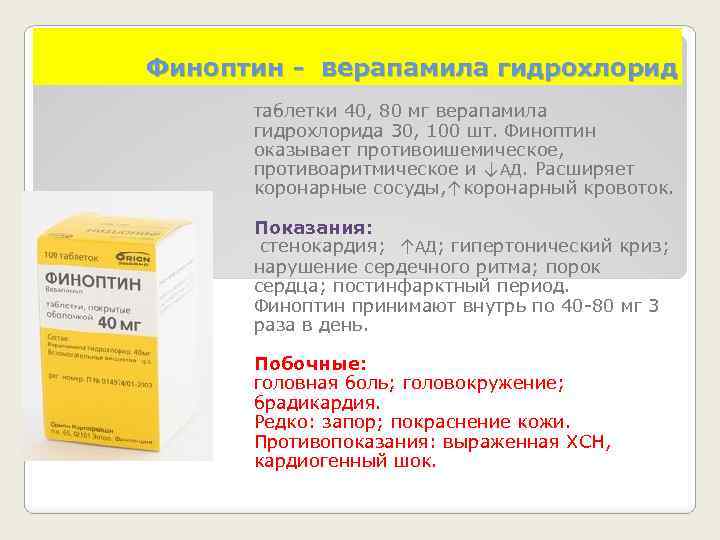 Финоптин - верапамила гидрохлорид таблетки 40, 80 мг верапамила гидрохлорида 30, 100 шт. Финоптин