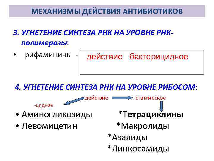 МЕХАНИЗМЫ ДЕЙСТВИЯ АНТИБИОТИКОВ 3. УГНЕТЕНИЕ СИНТЕЗА РНК НА УРОВНЕ РНКполимеразы: • рифамицины действие бактерицидное