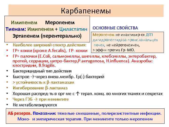 Карбапенемы Имипенем Меропенем Тиенам: Имипенем + Циластатин ОСНОВНЫЕ СВОЙСТВА Меропенем не инактивир ся ДГП