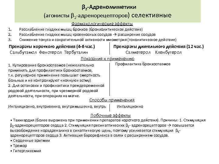 β 2 -Адреномиметики (агонисты β 2 -адренорецепторов) селективные Фармакологические эффекты 1. 2. 3. Расслабление