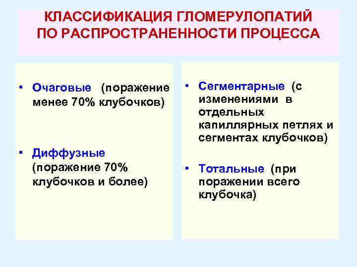 КЛАССИФИКАЦИЯ ГЛОМЕРУЛОПАТИЙ ПО РАСПРОСТРАНЕННОСТИ ПРОЦЕССА • Очаговые (поражение менее 70% клубочков) • Диффузные (поражение