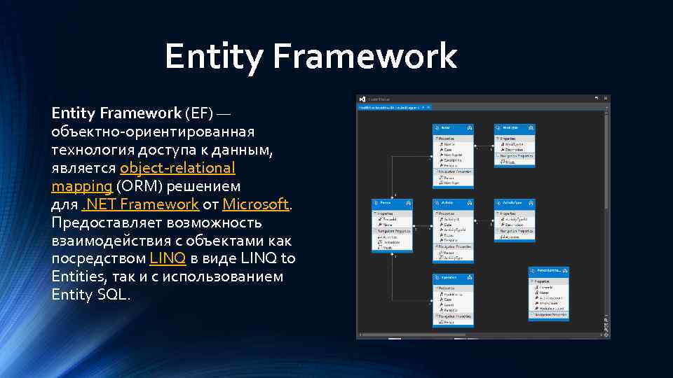  Entity Framework (EF) — объектно-ориентированная технология доступа к данным, является object-relational mapping (ORM)