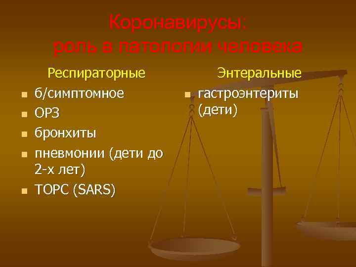 Коронавирусы: роль в патологии человека n n n Респираторные б/симптомное ОРЗ бронхиты пневмонии (дети