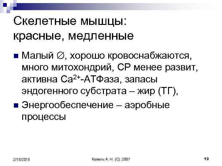 Скелетные мышцы: красные, медленные Малый , хорошо кровоснабжаются, много митохондрий, СР менее развит, активна