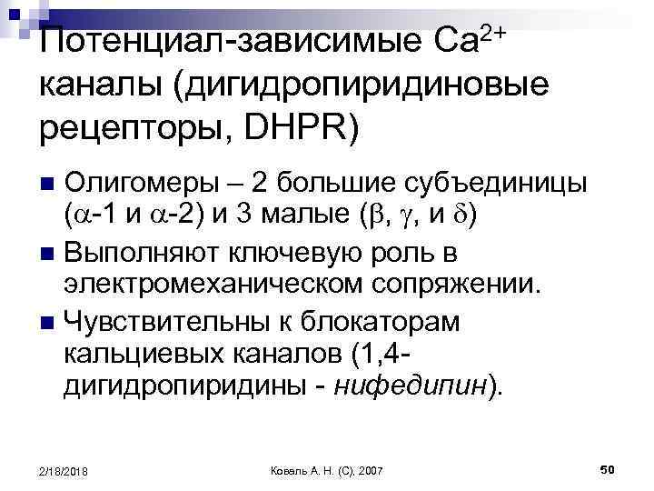 Потенциал-зависимые Ca 2+ каналы (дигидропиридиновые рецепторы, DHPR) Олигомеры – 2 большие субъединицы (a-1 и
