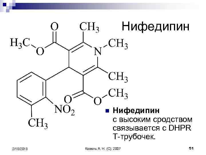 Нифедипин n 2/18/2018 Нифедипин с высоким сродством связывается с DHPR T-трубочек. Коваль А. Н.
