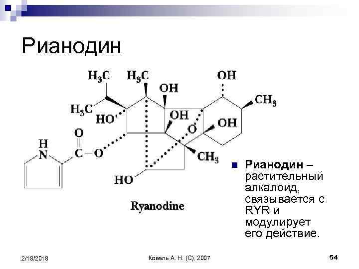 Рианодин n 2/18/2018 Коваль А. Н. (C), 2007 Рианодин – растительный алкалоид, связывается с