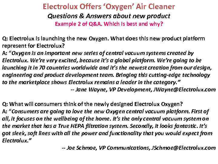 Electrolux Offers ‘Oxygen’ Air Cleaner Questions & Answers about new product Example 2 of