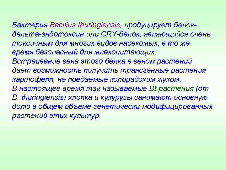 Бактерия Bacillus thuringiensis, продуцирует белокдельта-эндотоксин или CRY-белок, являющийся очень токсичным для многих видов насекомых,
