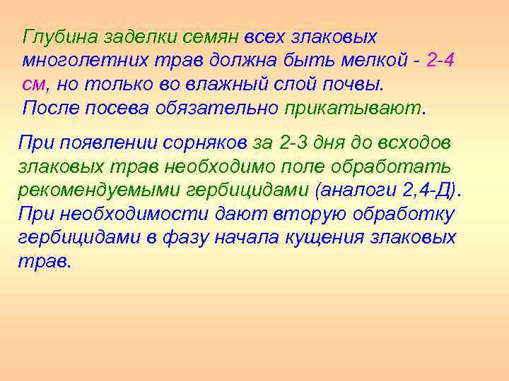 Глубина заделки семян всех злаковых многолетних трав должна быть мелкой 2 4 см, но