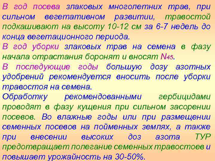 В год посева злаковых многолетних трав, при сильном вегетативном развитии, травостой подкашивают на высоту