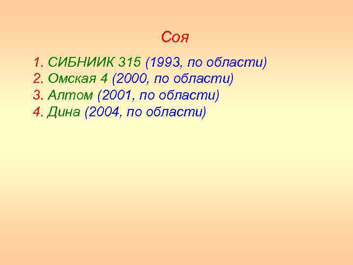 Сoя 1. СИБНИИК 315 (1993, по области) 2. Омская 4 (2000, по области) 3.