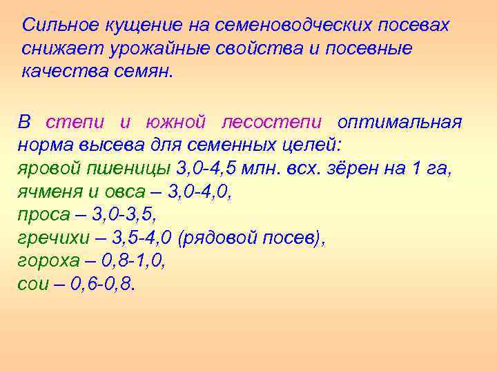 Сильное кущение на семеноводческих посевах снижает урожайные свойства и посевные качества семян. В степи