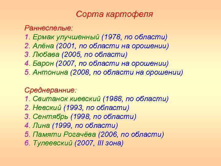 Сорта картофеля Раннеспелые: 1. Ермак улучшенный (1978, по области) 2. Алёна (2001, по области