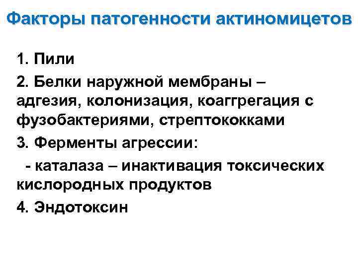 Факторы патогенности актиномицетов 1. Пили 2. Белки наружной мембраны – адгезия, колонизация, коаггрегация с