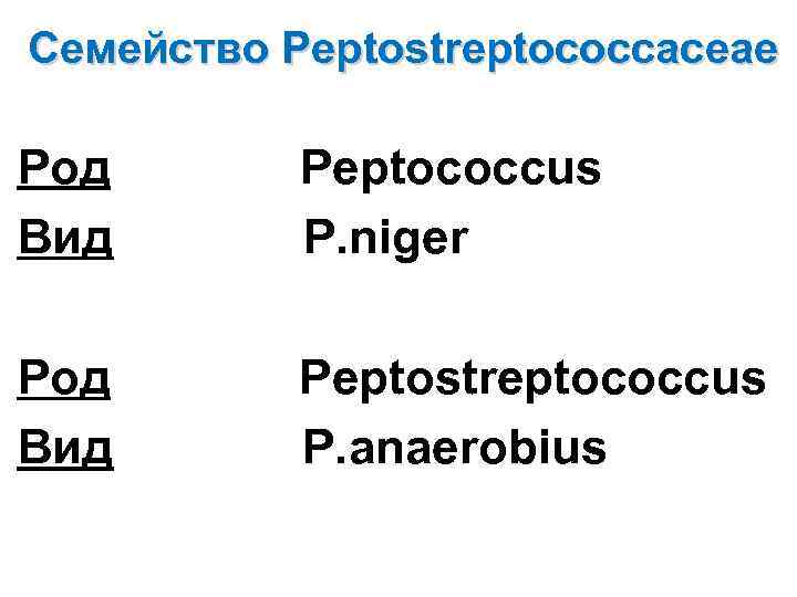 Семейство Peptostreptococcaceae Род Вид Peptococcus P. niger Род Вид Peptostreptococcus P. anaerobius 