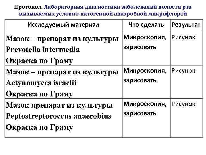 Протокол. Лабораторная диагностика заболеваний полости рта вызываемых условно-патогенной анаэробной микрофлорой Исследуемый материал Мазок –