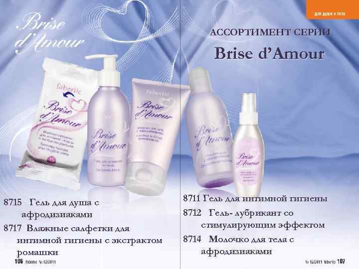 АССОРТИМЕНТ СЕРИИ Brise d’Amour 8715 Гель для душа с афродизиаками 8717 Влажные салфетки для