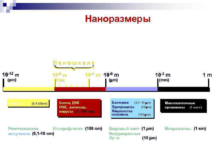 Наноразмеры Наношкала 10 -12 m 10 -9 m (pm) Атомы (nm) (0, 1 -0,