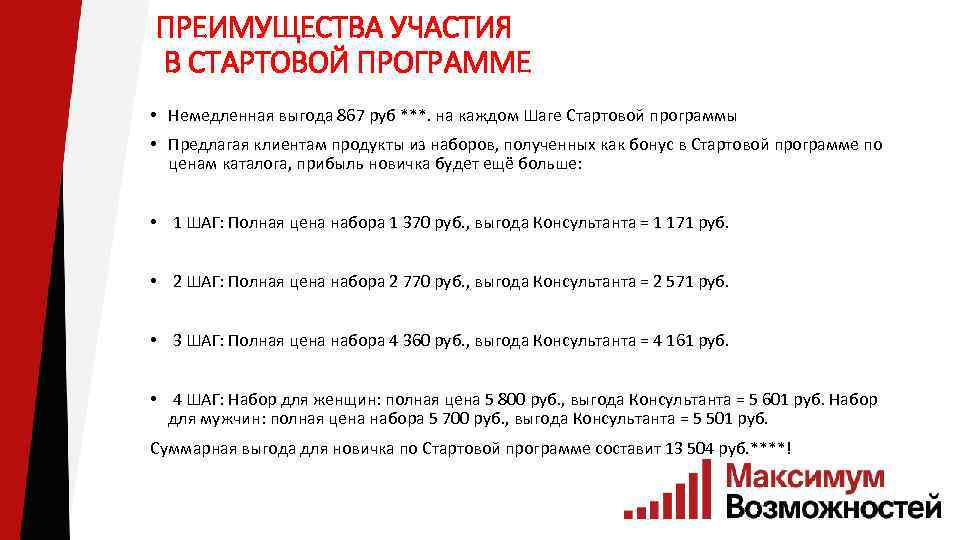 ПРЕИМУЩЕСТВА УЧАСТИЯ В СТАРТОВОЙ ПРОГРАММЕ • Немедленная выгода 867 руб ***. на каждом Шаге