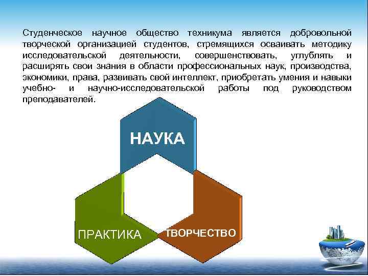 Студенческое научное общество техникума является добровольной творческой организацией студентов, стремящихся осваивать методику исследовательской деятельности,