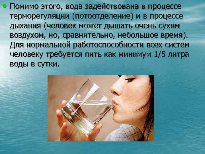  • Помимо этого, вода задействована в процессе терморегуляции (потоотделение) и в процессе дыхания