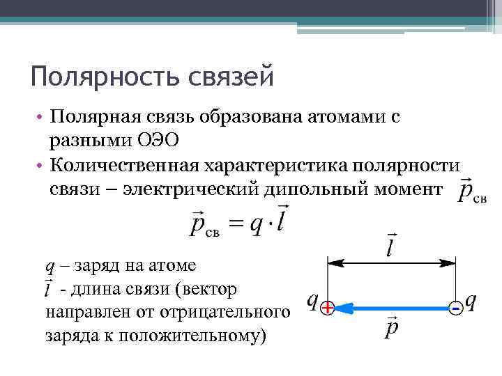 Полярность связей • Полярная связь образована атомами с разными ОЭО • Количественная характеристика полярности