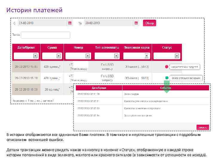 История платежей В истории отображаются все сделанные Вами платежи. В том числе и неуспешные