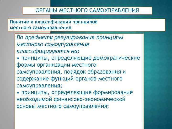 ОРГАНЫ МЕСТНОГО САМОУПРАВЛЕНИЯ Понятие и классификация принципов местного самоуправления По предмету регулирования принципы местного