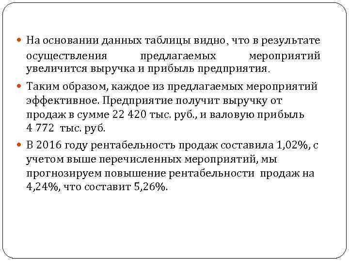  На основании данных таблицы видно, что в результате осуществления предлагаемых мероприятий увеличится выручка