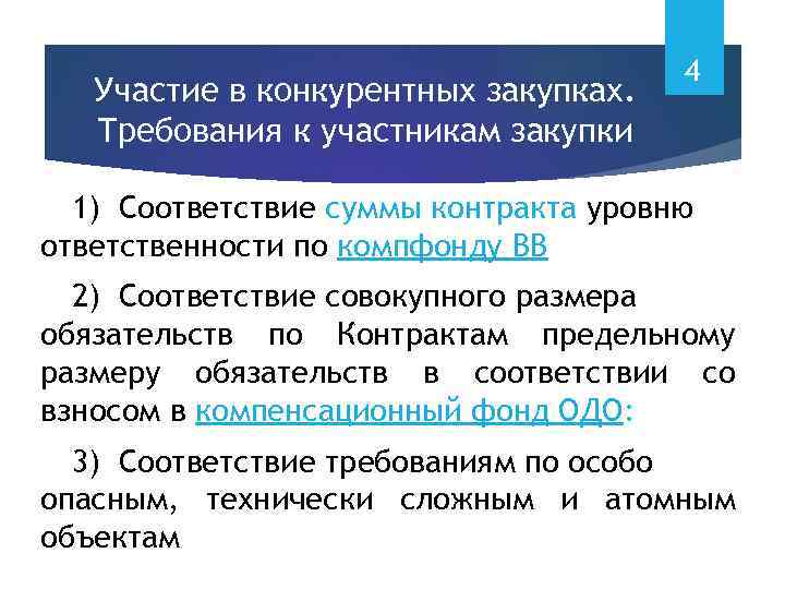 Участие в конкурентных закупках. Требования к участникам закупки 4 1) Соответствие суммы контракта уровню