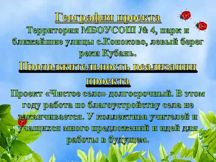 География проекта Территория МБОУСОШ № 4, парк и ближайшие улицы с. Коноково, левый берег