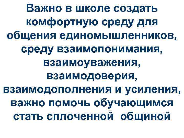 Важно в школе создать комфортную среду для общения единомышленников, среду взаимопонимания, взаимоуважения, взаимодоверия, взаимодополнения