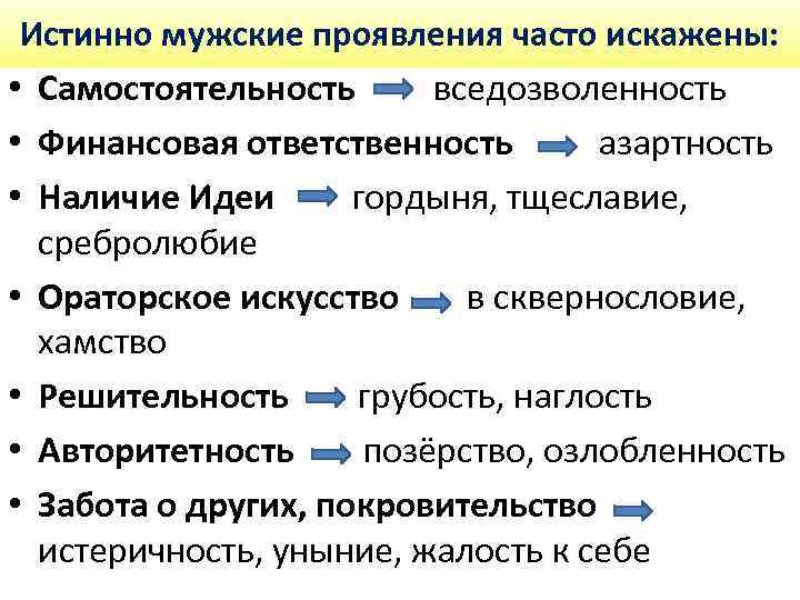 Истинно мужские проявления часто искажены: • Самостоятельность вседозволенность • Финансовая ответственность азартность • Наличие